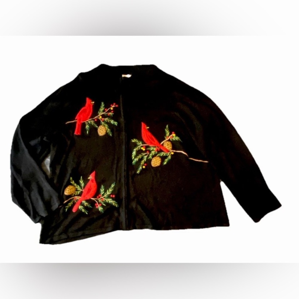 Women’s 2X Black Zip Cardigan Sweater Embroidered Red Cardinals Holiday - Picture 1 of 10